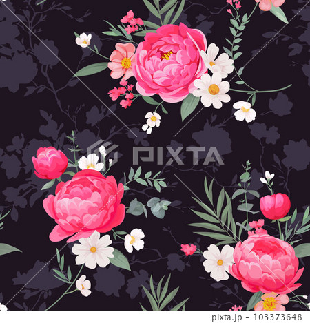 Contemporary floral print with peonies and small garden flowers on field for digital background and textile in vintage style ,ornate vector template Contemporary floral print with peonies and small garden flowers on field for digital background and textile in vintage style ,ornate vector template 103373648