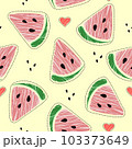 seamless pattern with cone red watermelon slices and hearts on yellow background 103373649
