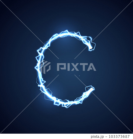 Blue lightning style letter or alphabet C. lightning and thunder bolt or electric font, glow and sparkle effect on blue background. vector design. Blue lightning style letter or alphabet C. lightning and thunder bolt or electric font, glow and sparkle effect on blue background. vector design. 103373687