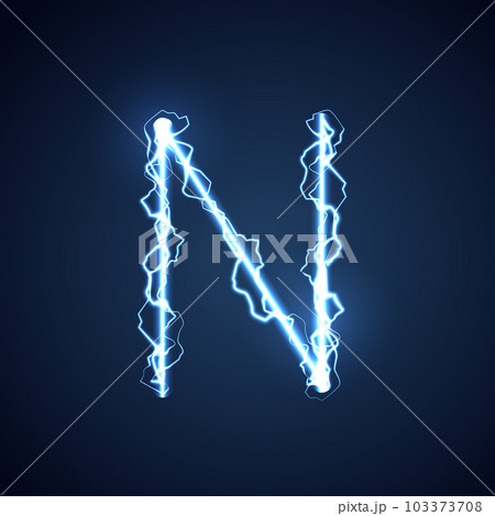 Blue lightning style letter or alphabet N. lightning and thunder bolt or electric font, glow and sparkle effect on blue background. vector design. 103373708
