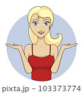 Smiling girl showing open hands palms with space for product or text. Vector girl portrait. Young woman dressed in red top. Red lips. Smile 103373774
