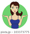 Surprised girl showing open hands palms with space for product or text. Vector illustration. Woman with an open mouth in a blue singlet. The open palm 103373775