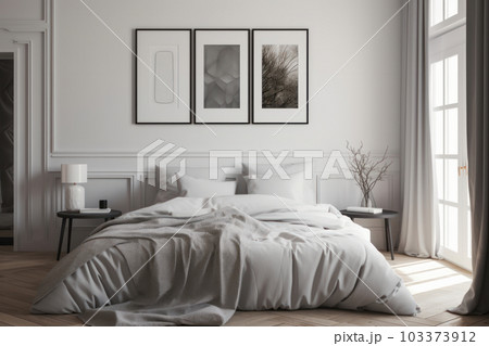 Bohemian bedroom with mockup poster frame showcasing canvas print. Colorful patterns and textures, as well as plant decor, create a calming ambiance. AI Generative. 103373912