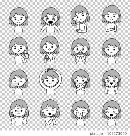 身振り付きのいろいろな表情の女性のイラスト　モノクロ 103373990