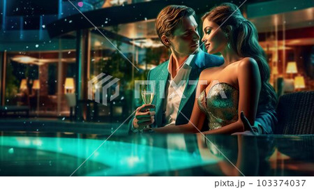 高級ホテルのジャグジー・ナイトプールで愛し合う白人カップル（Generative AI） 103374037