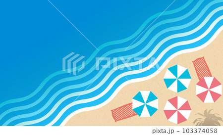 海と砂浜の上に並ぶビーチパラソルの背景イラスト 103374058