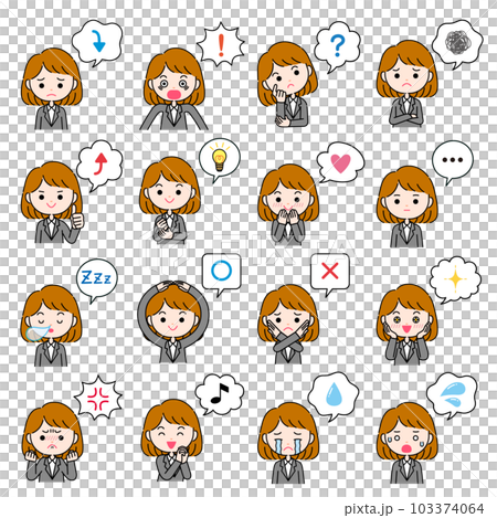 Emotional expression illustration of a woman in a suit with a speech bubble 103374064