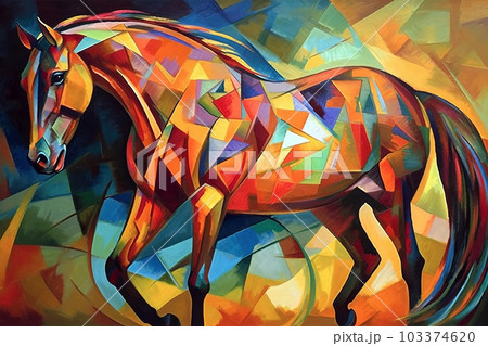 Image of a horse painting in cubism art style. Wildlife Animals. Illustration. Generative AI. 103374620