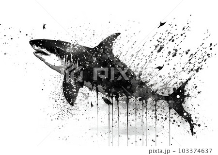 Image of a shark drawing using a brush and black ink on white background. Sea animals. Illustration, generative AI. 103374637
