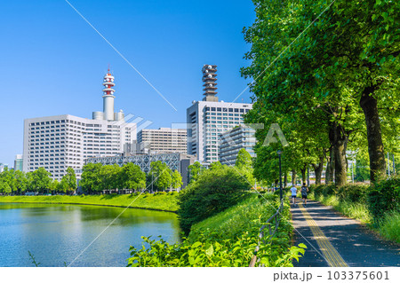 日本の東京都市景観 初真夏日…新緑に映える官庁街や内堀通りなどを望む（奥に警視庁など）＝5月17日 103375601