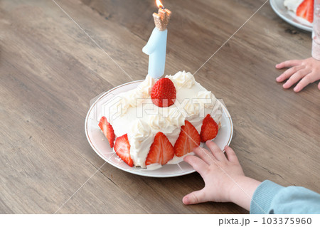 誕生日ケーキに触ろうとする男の子の手 103375960