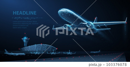 Takeoff of an airplane and an airport in background. Air transport navigation, aircraft innovation 103376078