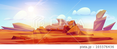 Uninhabited desert landscape under blazing sun 103376436