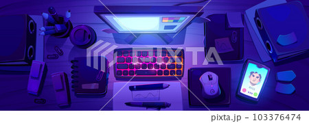 Night desk with computer light vector illustration 103376474