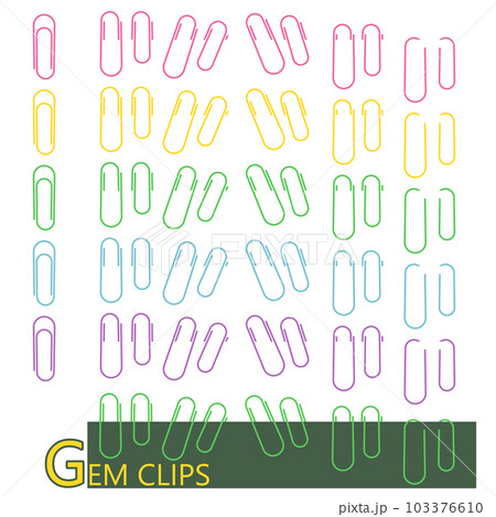 紙に挟んだ状態のカラフルなゼムクリップのセット 103376610