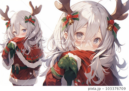 クリスマスにサンタとトナカイのコスプレをした女の子 AI画像の