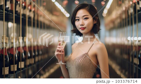 ワイン工場・ワインの醸造所でワインを飲む女性(Generative AI) ワイン工場・ワインの醸造所でワインを飲む女性(Generative AI) 103376714