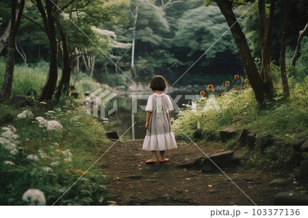 池に続く道に佇む少女：AI作品 103377136