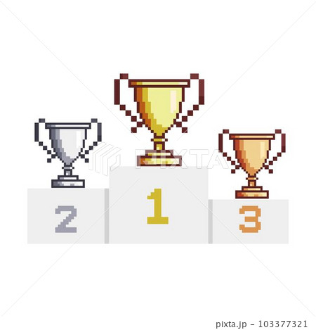 Winners podium with trophy, gold silver and bronze trophy cup 8 bit 103377321