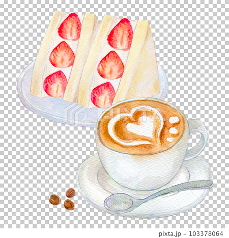 ラテアートといちごサンド 水彩イラスト 手描きイラスト ラテアートといちごサンド 水彩イラスト 手描きイラスト 103378064
