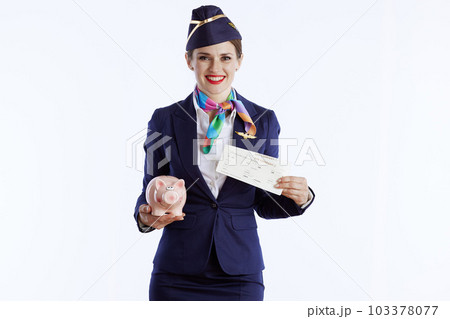 happy modern female air hostess on white 103378077
