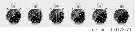 Realistic classic stopwatch. Shiny metal chronometer, time counter with dial. Countdown timer showing minutes and seconds. Time measurement for sport, start and finish. Vector illustration 103378271