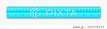 Realistic plastic ruler with measurement scale and divisions, measure marks. School ruler, centimeter and inch scale for length measuring. Office supplies. Vector illustration 103378377