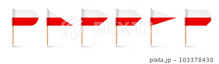 Polish toothpick flags. Souvenir from Poland. Wooden toothpicks with paper flag. Location mark, map pointer. Blank mockup for advertising and promotions. Vector illustration 103378438