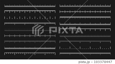 Various measurement scales with divisions. Realistic white scale for measuring length or height in centimeters, millimeters or inches. Ruler, tape measure marks, size indicators. Vector illustration 103378447