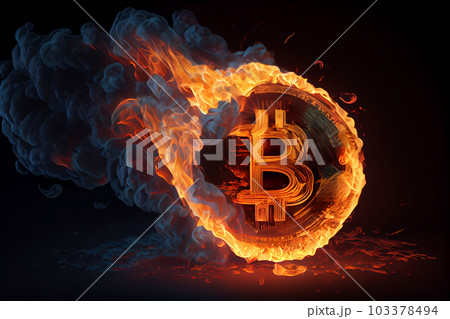 Burning in fire golden bitcoin on black background, Bitcoin coin in flames, burn cryptocurrency bit coin money, crash and blockchain bubble, Generative AI 103378494