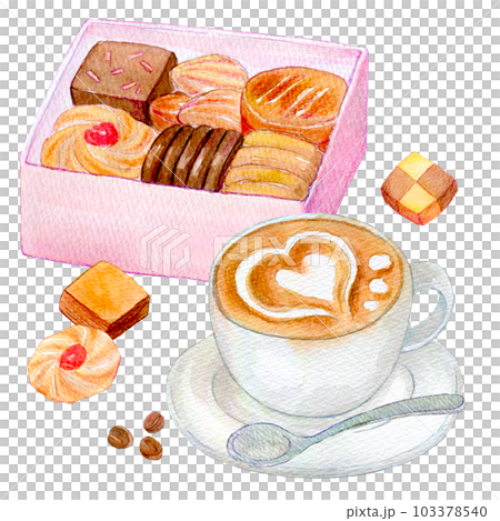 ラテアートとクッキー缶　水彩イラスト　手描きイラスト 103378540