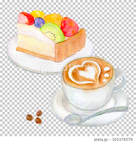 フルーツタルトとラテアート　水彩イラスト　手描きイラスト 103378579