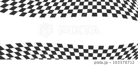 Waving race flag or chessboard background. Warped black and white squares pattern. Motocross, rally, sport car competition wallpaper with space for text. Checkered winding texture 103378712