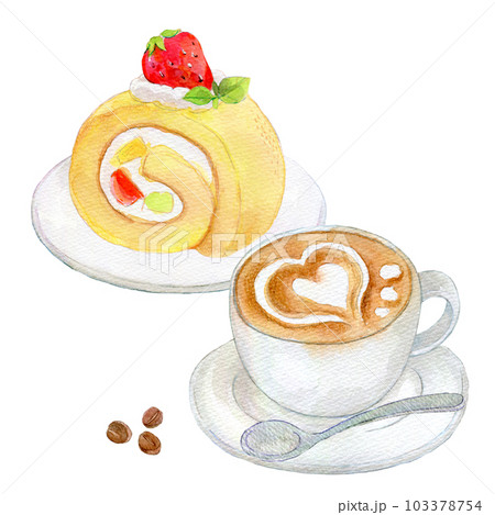 ラテアートとロールケーキ　水彩イラスト　手描きイラスト 103378754