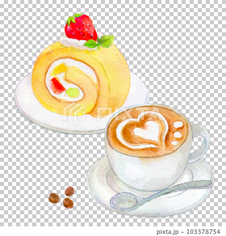 ラテアートとロールケーキ　水彩イラスト　手描きイラスト 103378754
