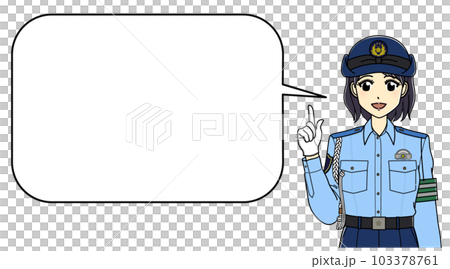 指差しポーズで話す夏服の女性警察官（角丸ふきだし付き） 103378761