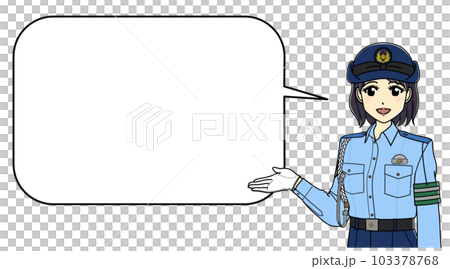 案内をする夏服の女性警察官（角丸ふきだし付き） 103378768