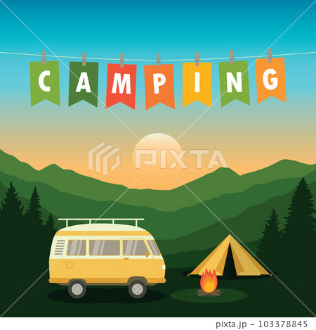 camping adventure in the wilderness tent and camper van on forest mountain landscape camping adventure in the wilderness tent and camper van on forest mountain landscape 103378845