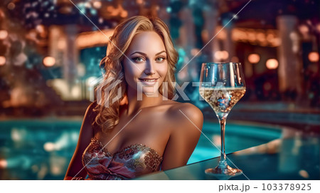 ナイトプール・スパでお酒を飲む水着姿の白人女性(Generative AI) ナイトプール・スパでお酒を飲む水着姿の白人女性(Generative AI) 103378925