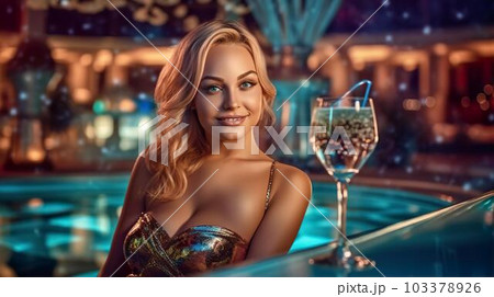 ナイトプール・スパでお酒を飲む水着姿の白人女性(Generative AI) ナイトプール・スパでお酒を飲む水着姿の白人女性(Generative AI) 103378926