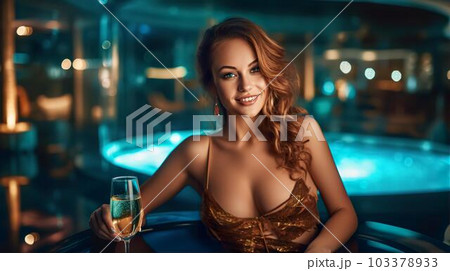 ナイトプール・スパでお酒を飲む水着姿の白人女性(Generative AI) ナイトプール・スパでお酒を飲む水着姿の白人女性(Generative AI) 103378933
