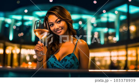 ナイトプール・スパでお酒を飲む水着姿のアジア人女性(Generative AI) ナイトプール・スパでお酒を飲む水着姿のアジア人女性(Generative AI) 103378939