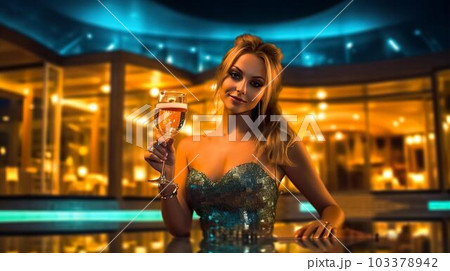 ナイトプール・スパでお酒を飲む水着姿の白人女性（Generative AI） 103378942