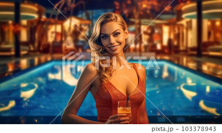 ナイトプール・スパでお酒を飲む水着姿の白人女性(Generative AI) ナイトプール・スパでお酒を飲む水着姿の白人女性(Generative AI) 103378943