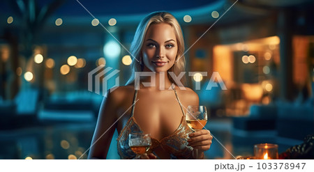 ナイトプール・スパでお酒を飲む水着姿の白人女性(Generative AI) ナイトプール・スパでお酒を飲む水着姿の白人女性(Generative AI) 103378947