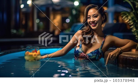 ナイトプール・スパでお酒を飲む水着姿のアジア人女性(Generative AI) ナイトプール・スパでお酒を飲む水着姿のアジア人女性(Generative AI) 103378948