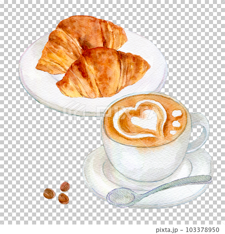 Latte art and croissant watercolor illustration hand-drawn illustration 103378950