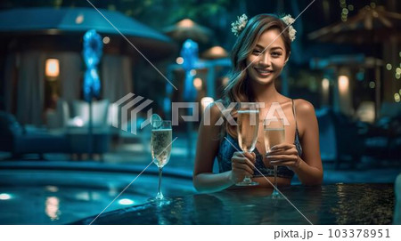 ナイトプール・スパでお酒を飲む水着姿のアジア人女性（Generative AI） 103378951