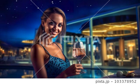 ナイトプール・スパでお酒を飲む水着姿の白人女性(Generative AI) ナイトプール・スパでお酒を飲む水着姿の白人女性(Generative AI) 103378952