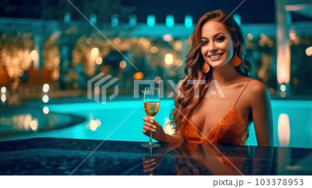 ナイトプール・スパでお酒を飲む水着姿の白人女性（Generative AI） 103378953